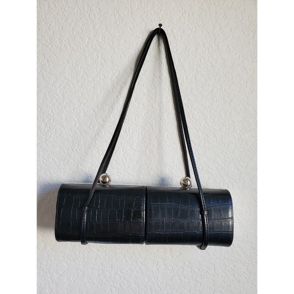 Vintage(?) Faux Crocodile Duo Compartment Black BagPURSE Clasp Round Har… - Picture 1 of 9